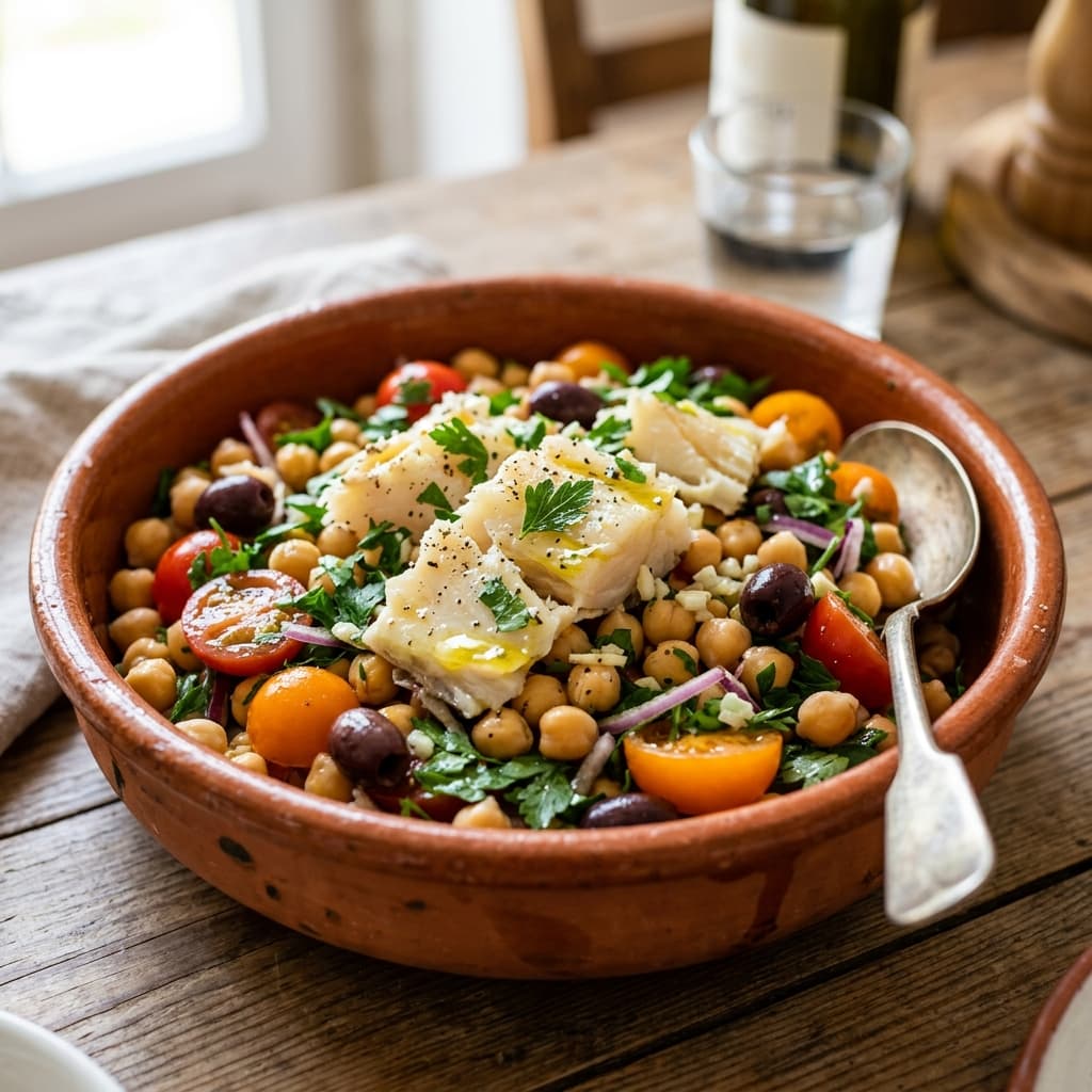 Salada Morna de Grão-de-Bico com Lascas de Bacalhau